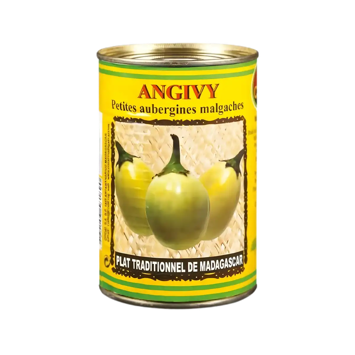 Boîte de conserve Angivy naturel CODAL, petites aubergines malgaches, légume authentique pour épicerie salée et plats traditionnels.